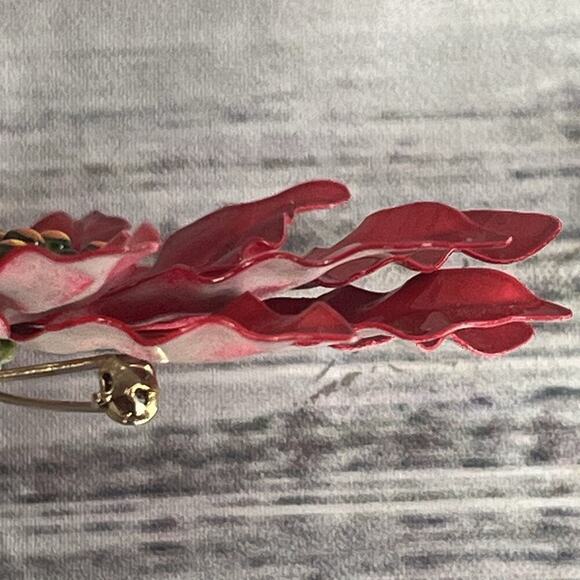 Vintage 60's Enamel Flower Poinsettia Brooch Pin Red Green Jewelry MCM Mod 5" - Picture 10 of 16